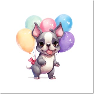 French Bulldog Holding Balloons Posters and Art